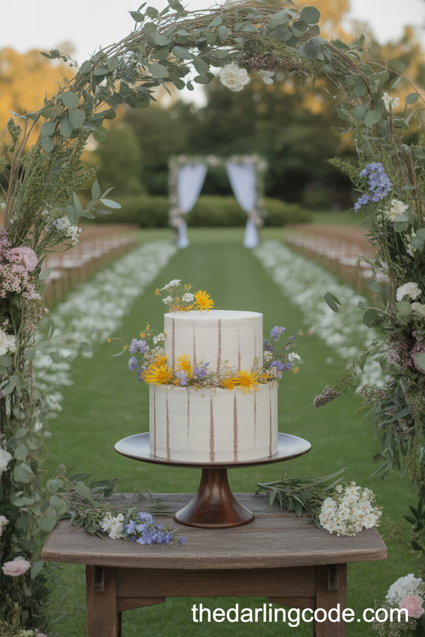 Wildflower-Adorned Cake Under Floral Garden Arch