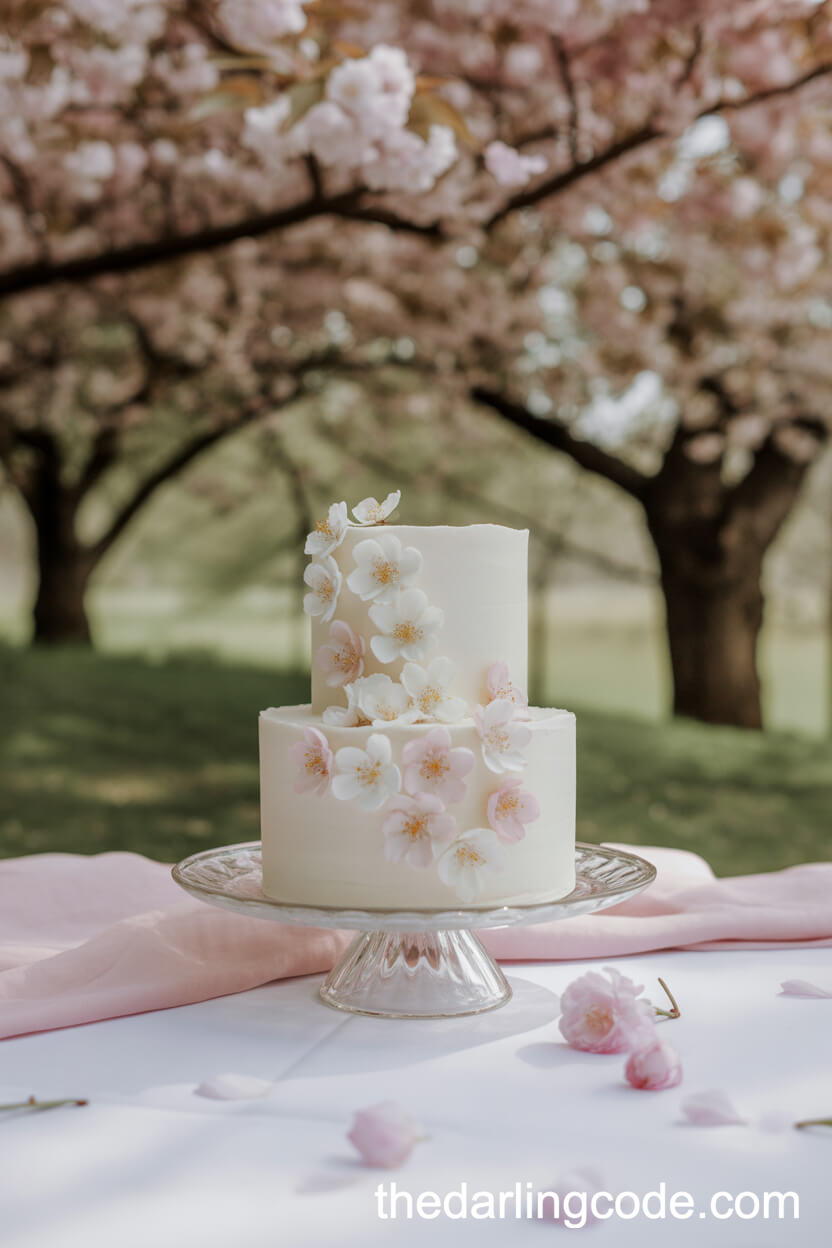 Pastel Flower-Adorned Cake Beneath Cherry Blossoms