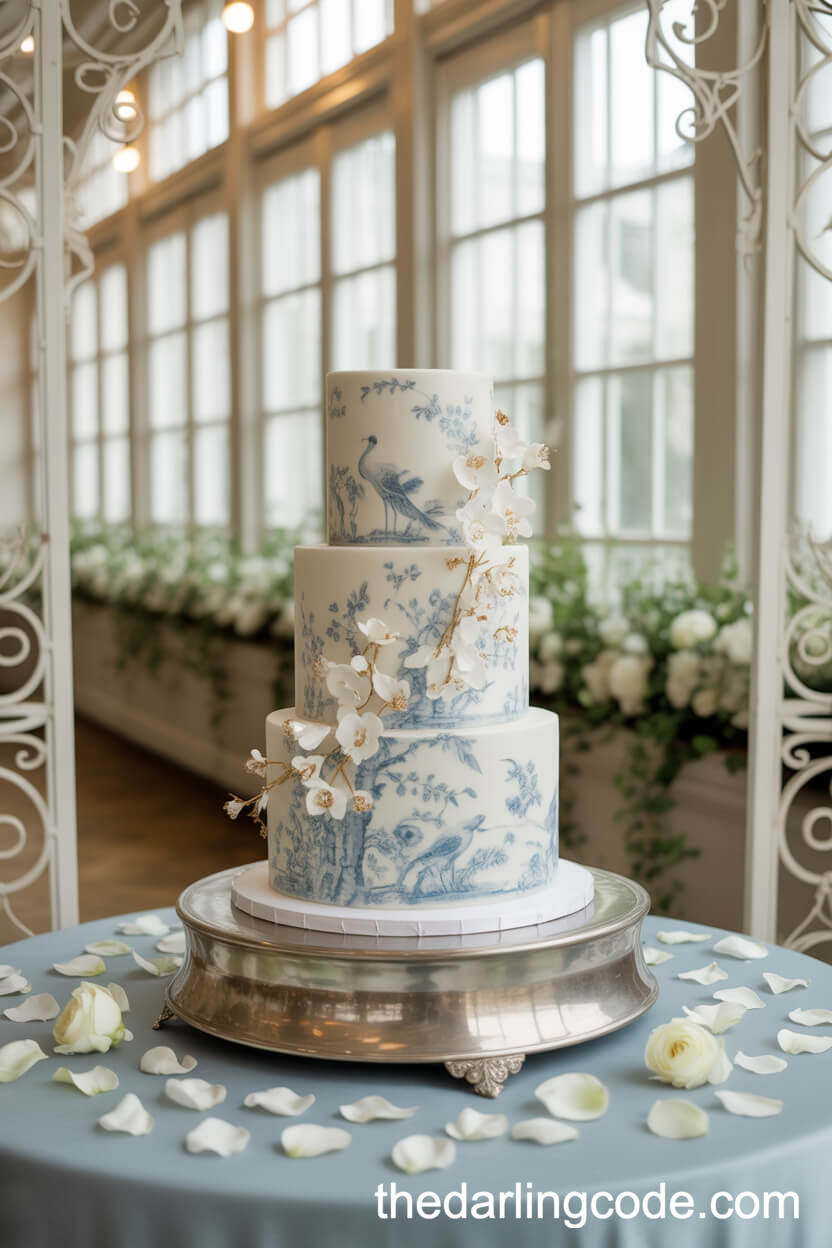 Blue Chinoiserie Cake With White Sugar Blossoms
