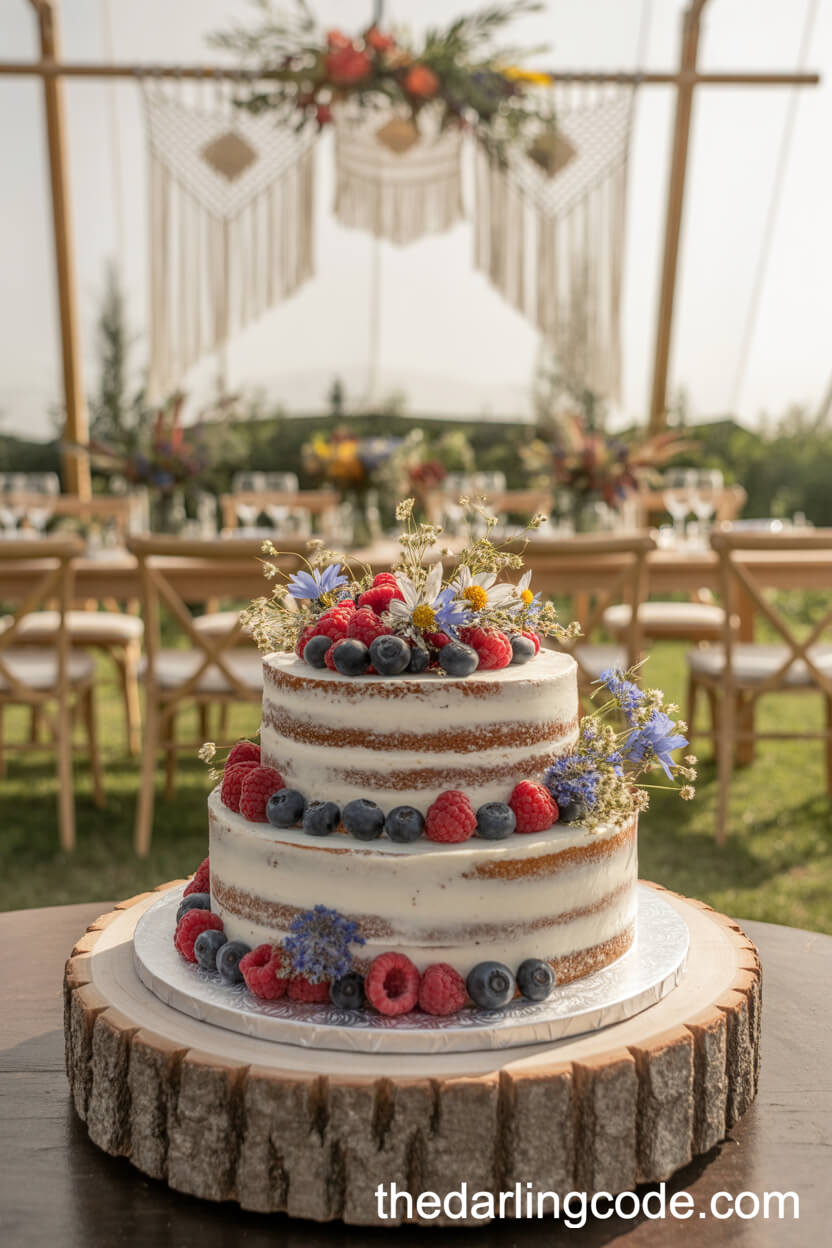 Semi-Naked Bohemian Cake With Berries And Wildflowers