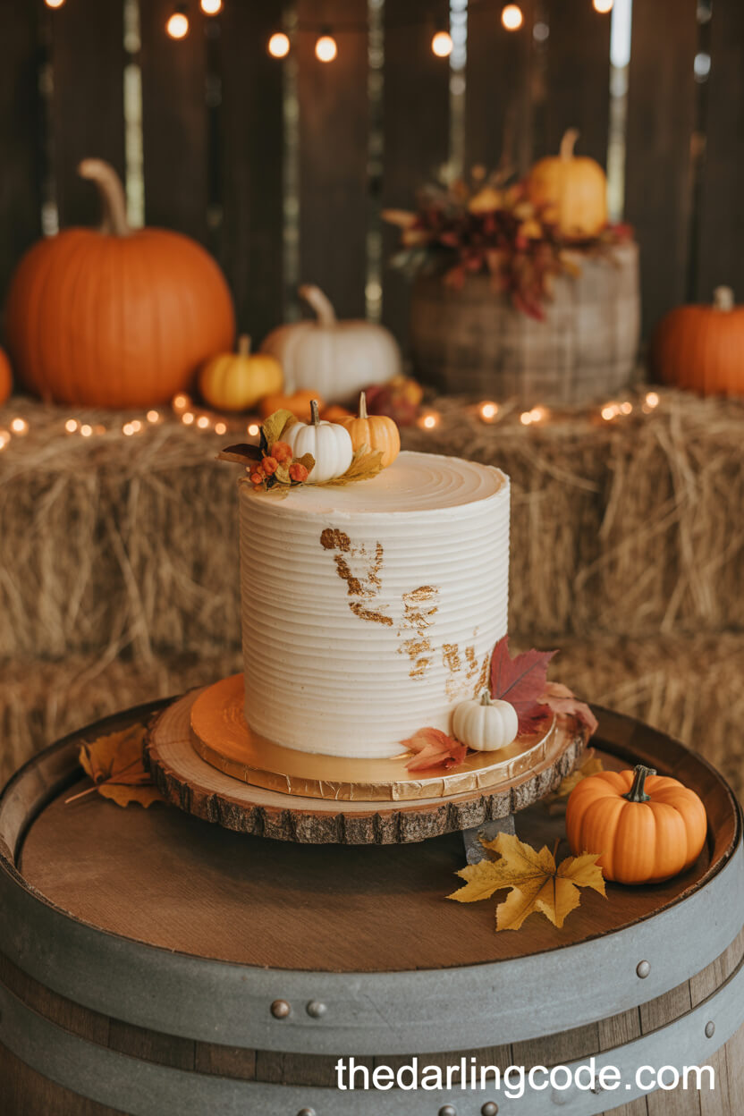 Buttercream Autumn Cake With Gold Leaf And Pumpkins