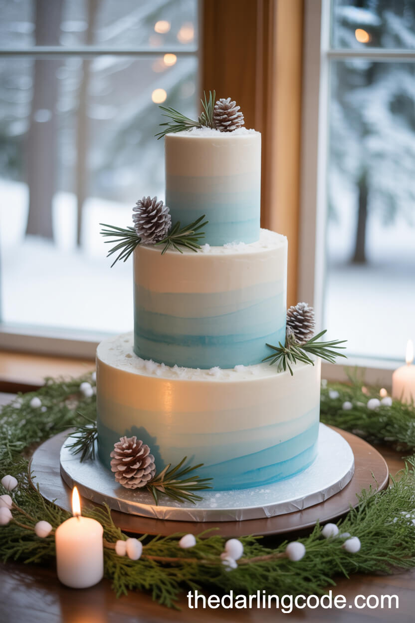 Winter-Inspired Cake With Blue Ombré And Sugar Pinecones
