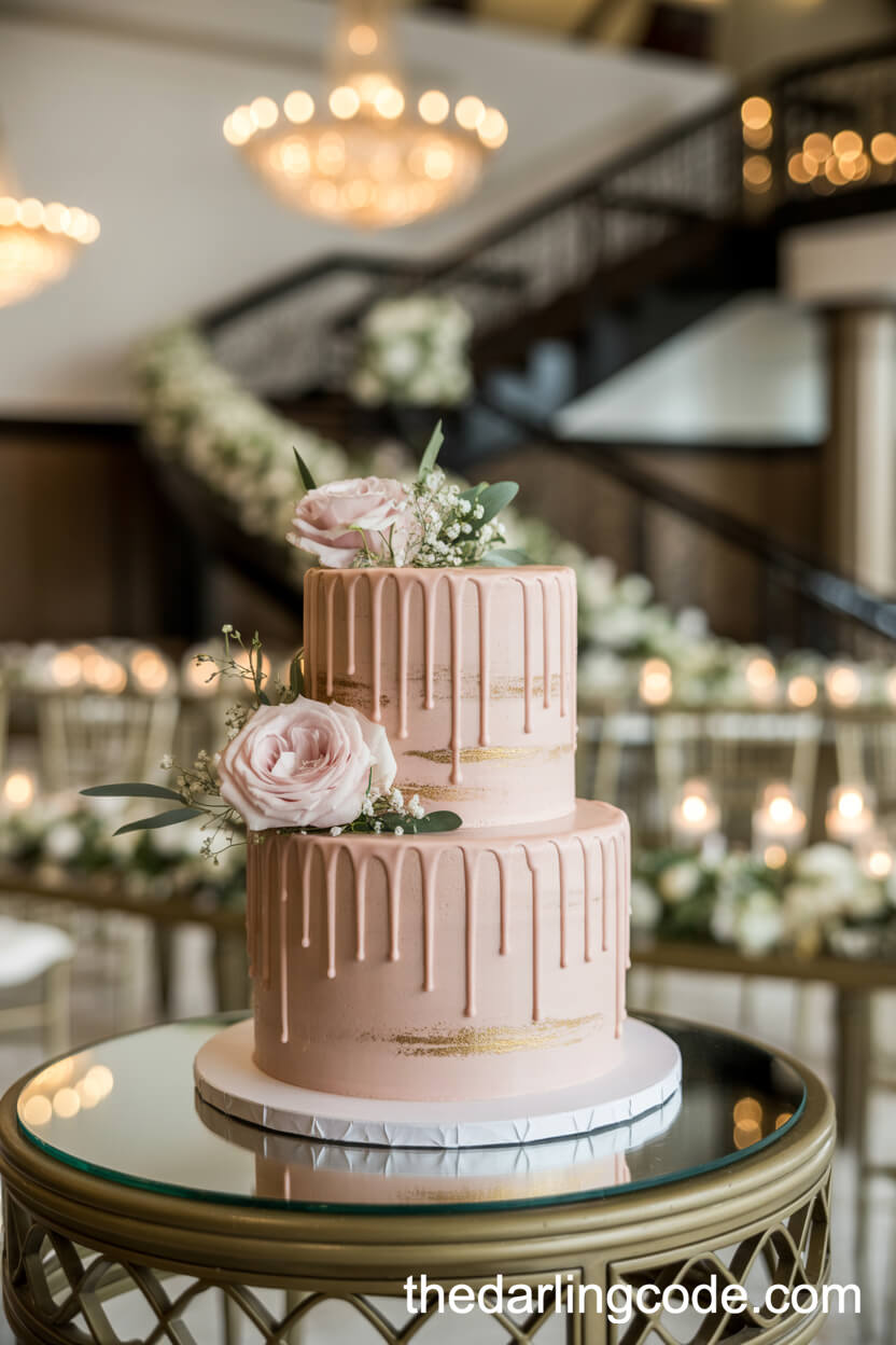 Blush Pink Drip Cake With Gold Accents And Fresh Florals