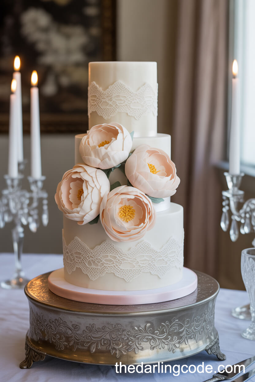 Vintage Lace Fondant Cake With Sugar Peonies