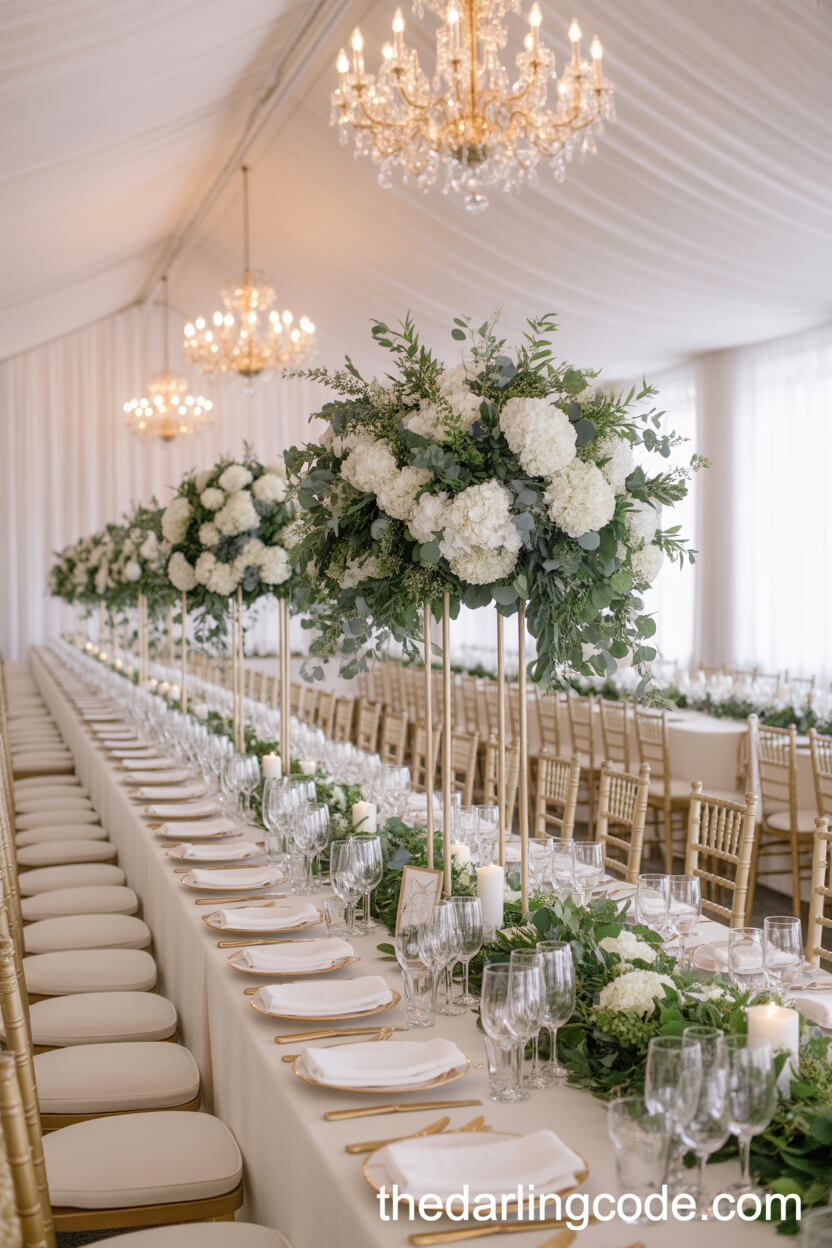 Classic Reception With White Hydrangea Centerpieces