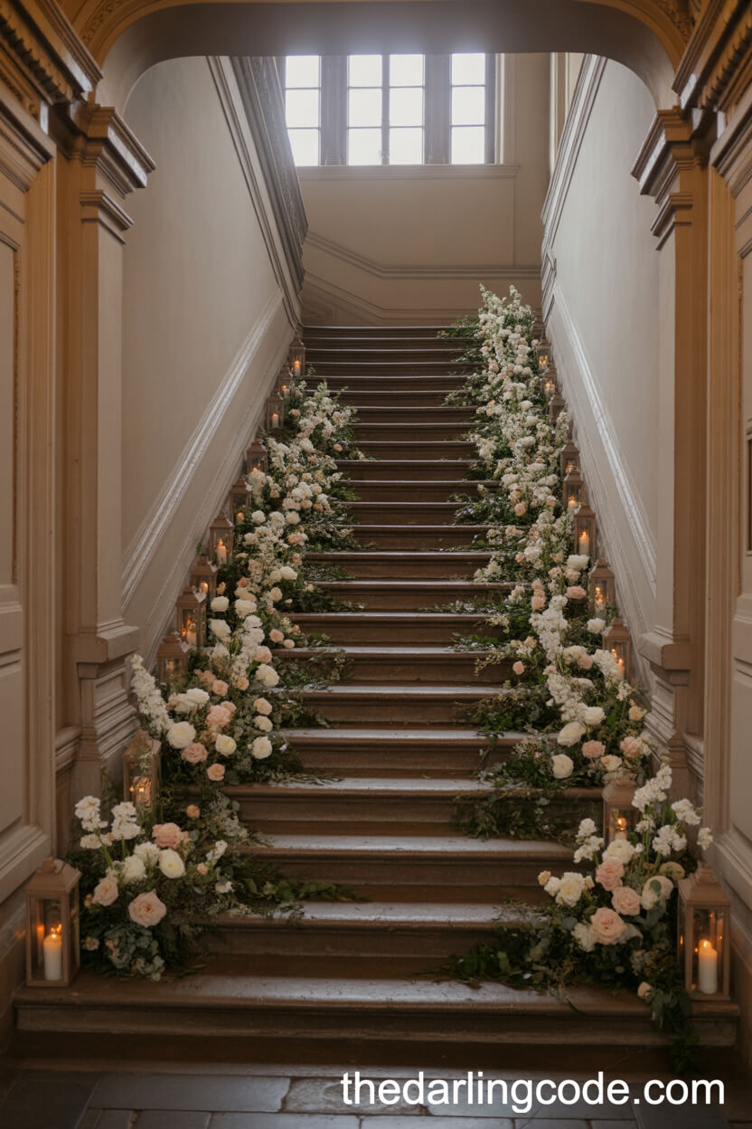 Grand Staircase With Cascading Floral Arrangements