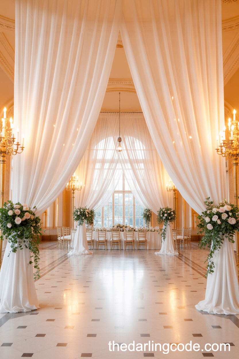 Historic Hall With Sheer Drapery And Candelabras