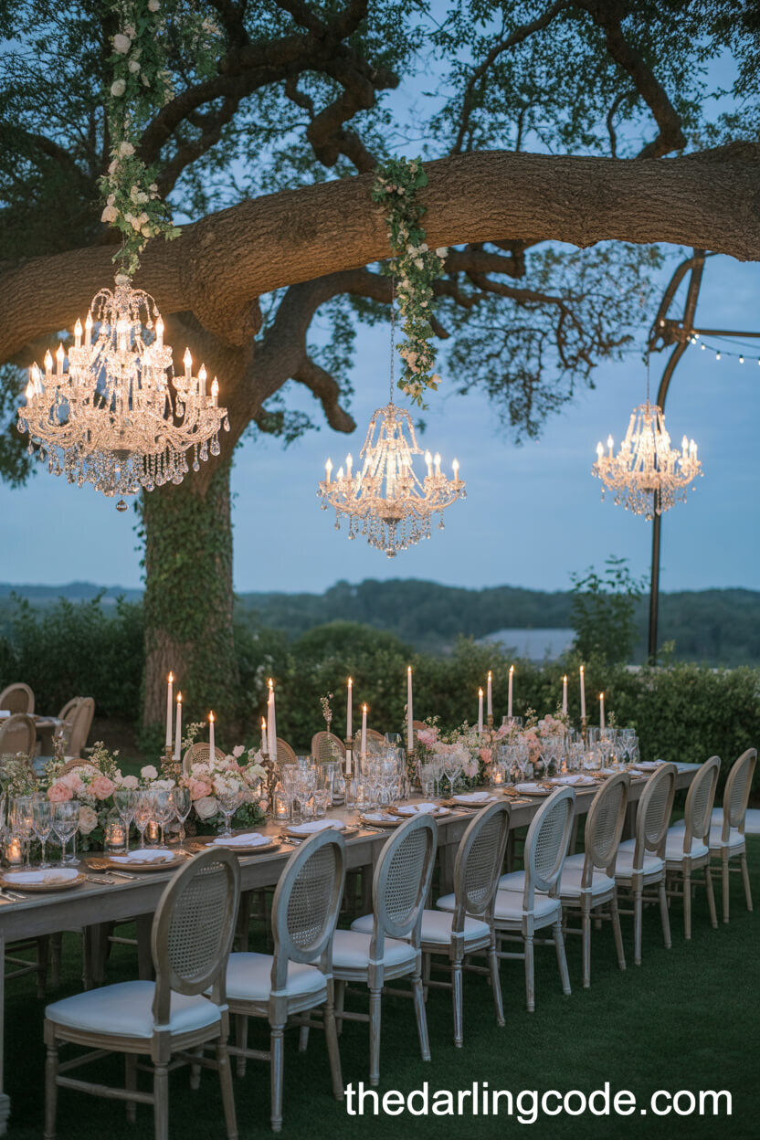 Garden Reception With Crystal Chandeliers In Trees