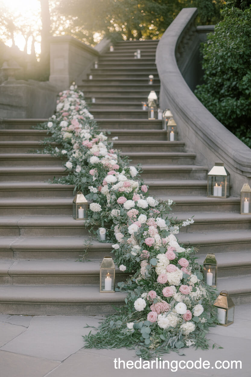 Stone Staircase Lined With Blooms And Lanterns