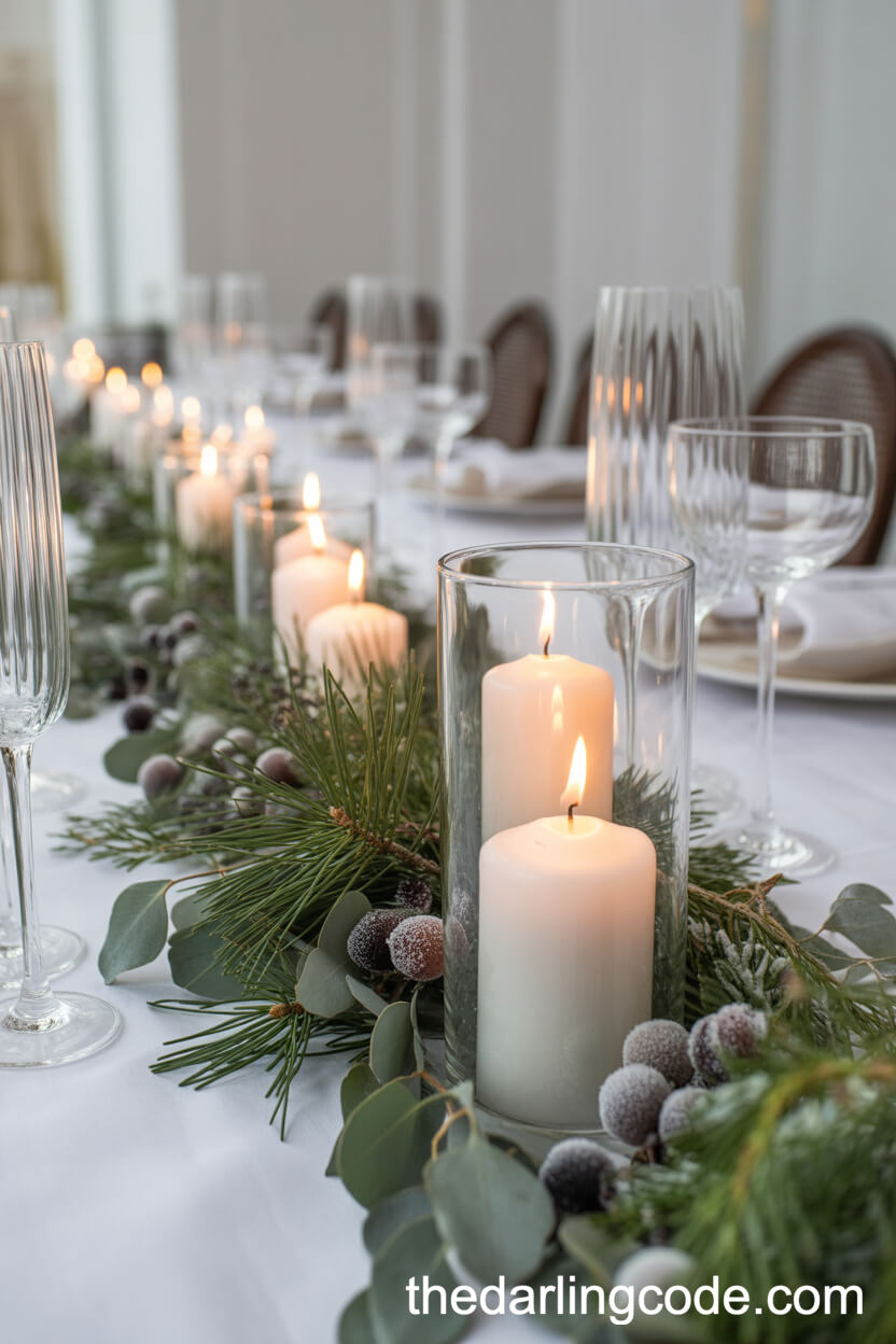 Winter Candle And Evergreen Centerpieces