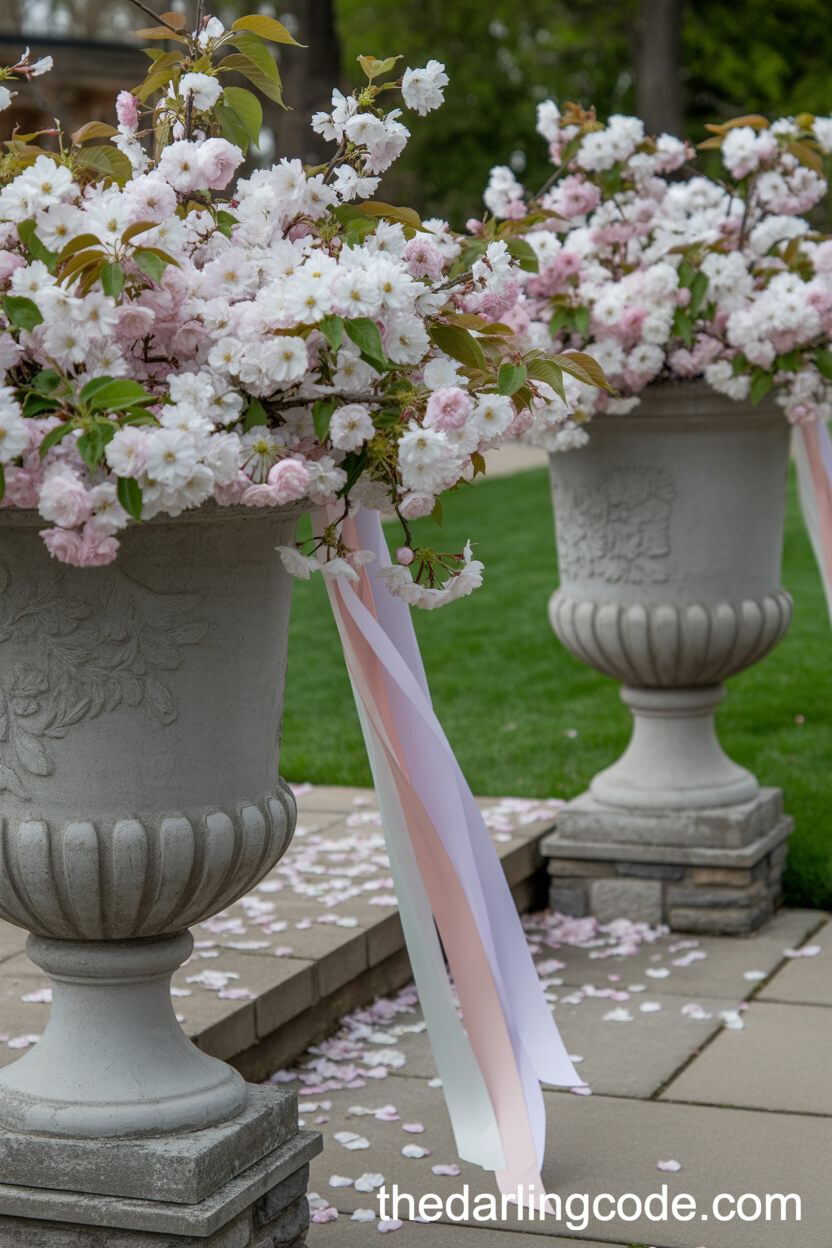 Blossom-Filled Venue Entrance With Floating Ribbons