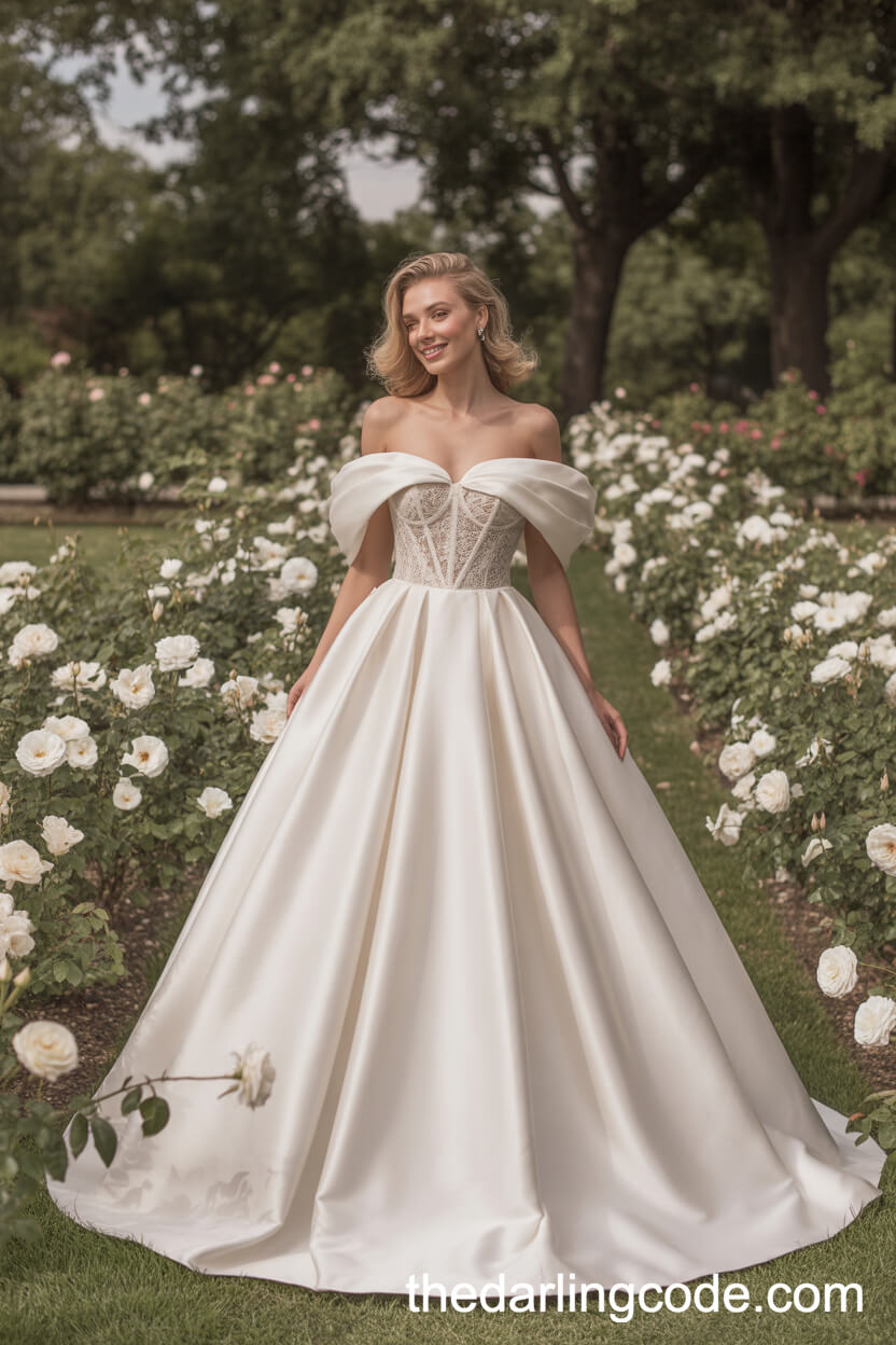 Off-Shoulder White Satin Ball Gown With Lace Bodice And Tulle Skirt