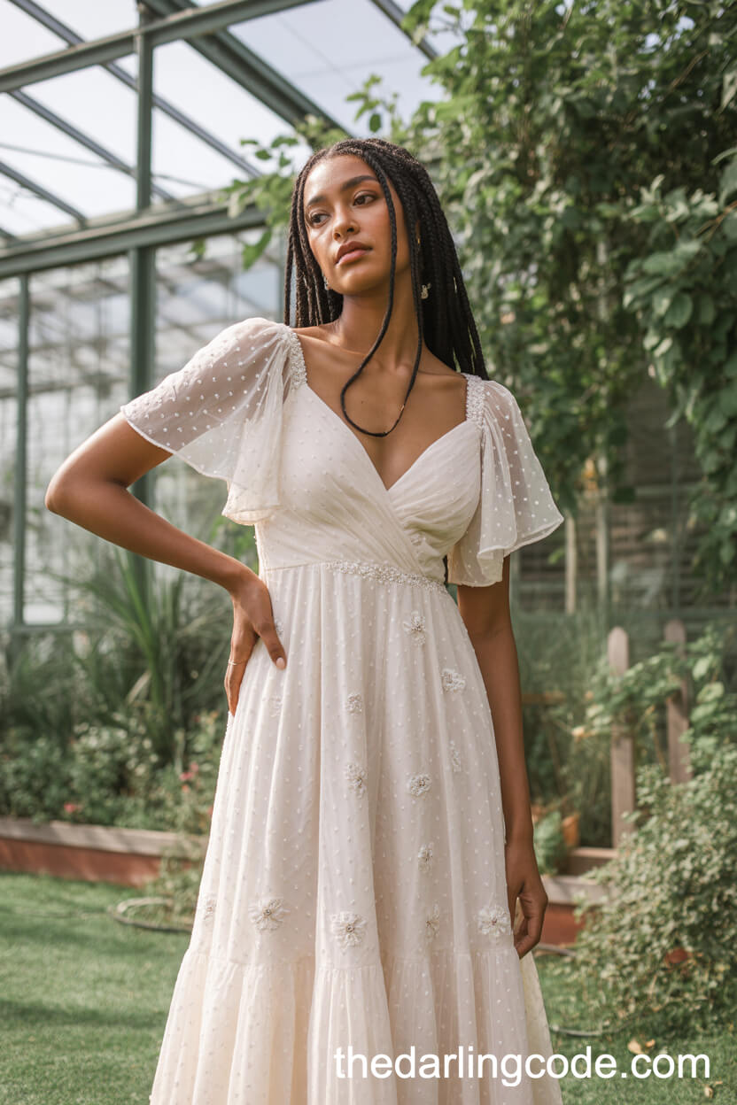 Ivory A-Line Dress With Flutter Sleeves And Beaded Floral Embroidery