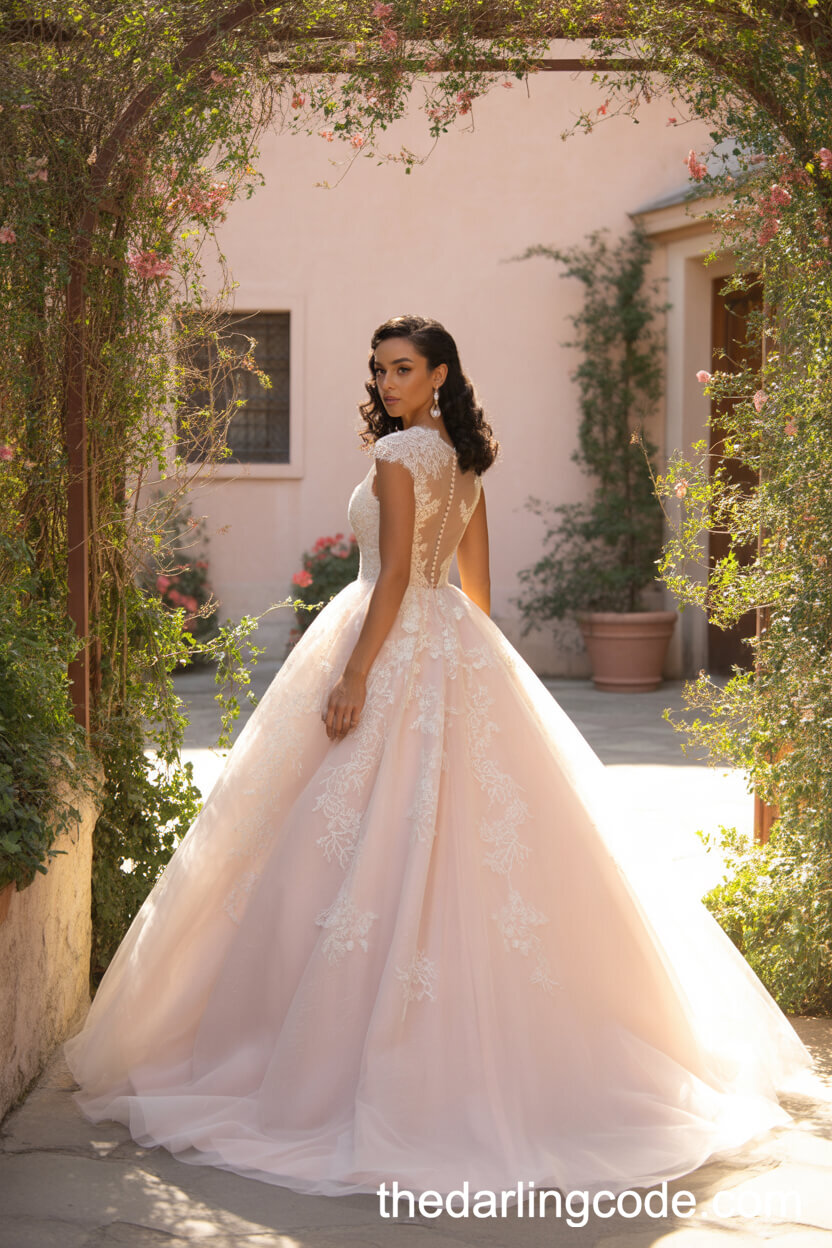 Ball Gown With Illusion Lace Back Cap Sleeves And Flowing Skirt