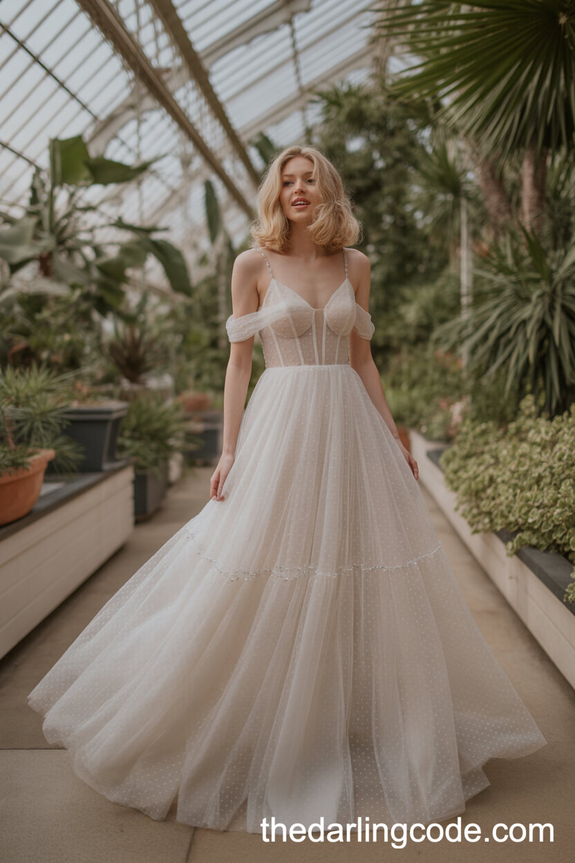 Tulle Dress With Subtle Polka Dots And Embellished Straps