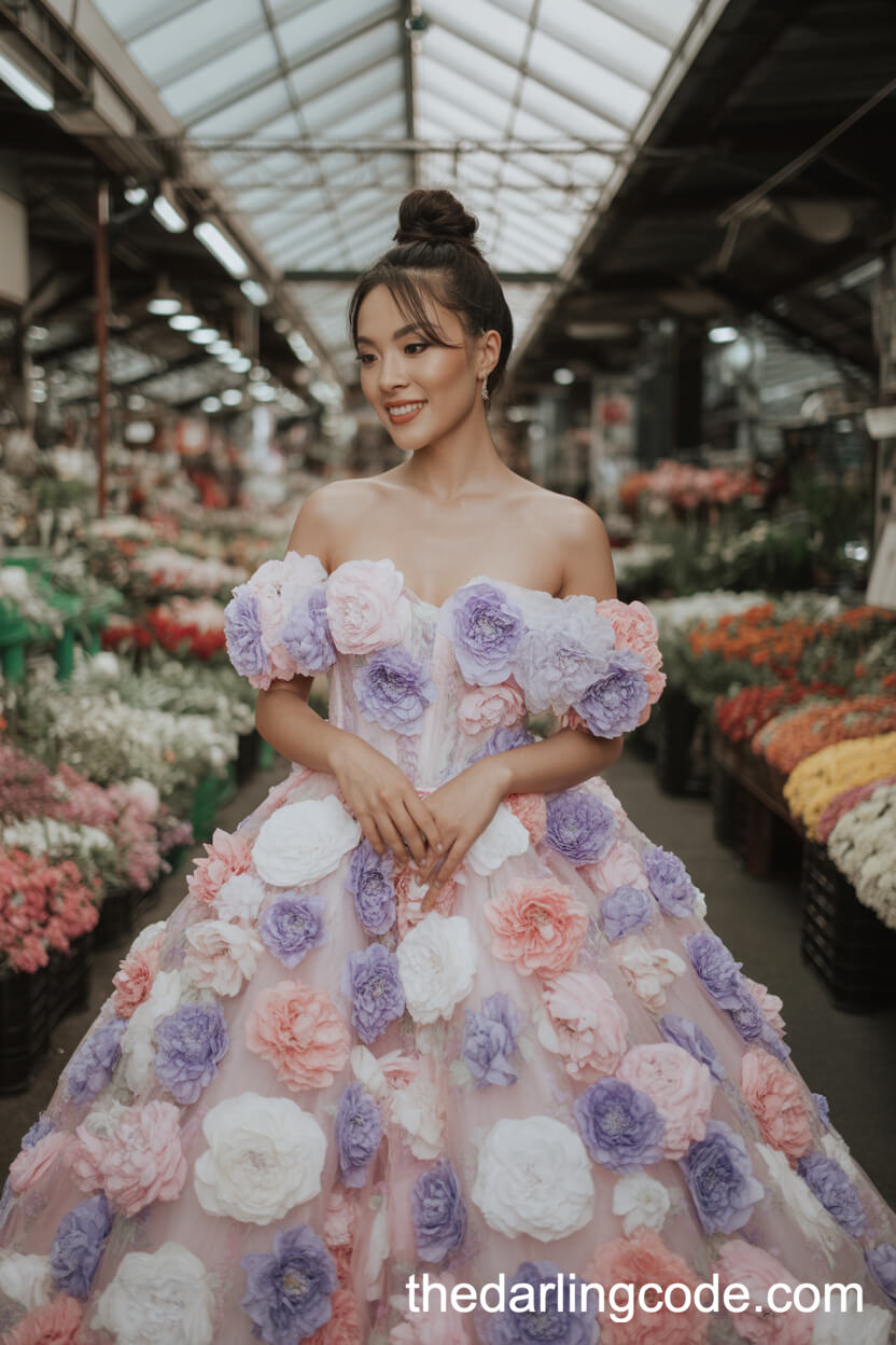 Pastel Floral Organza Ball Gown With Oversized Blossoms And Train