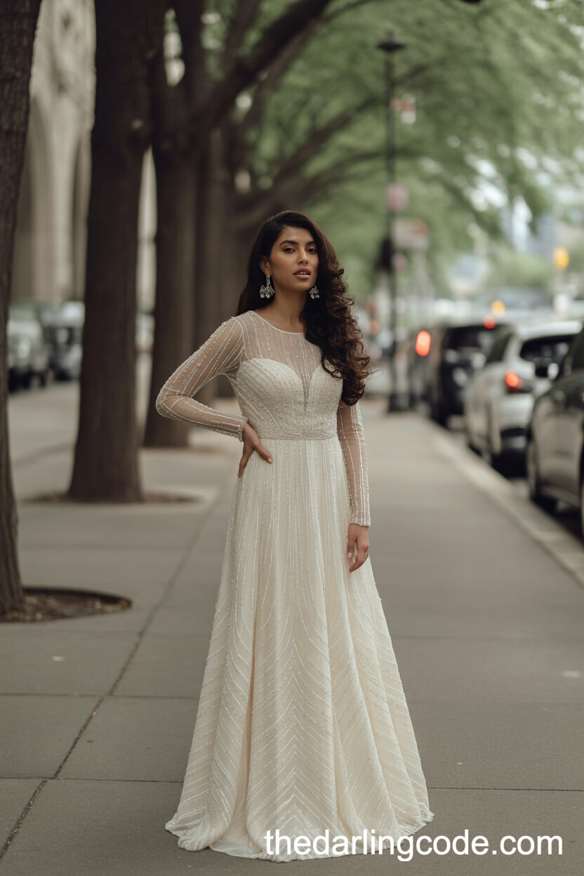 Ivory Beaded Sheath Gown With Sheer Long Sleeves