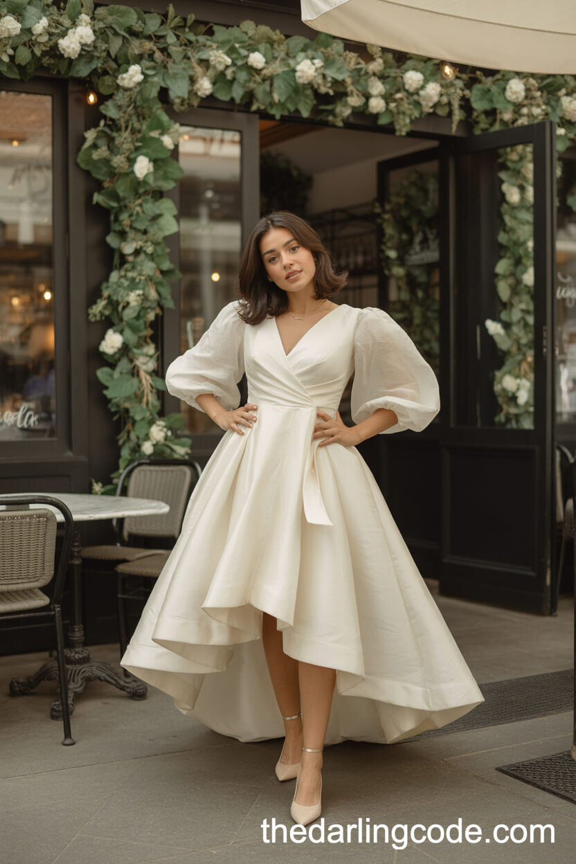 Off-White Organza Dress With Wrap Front And Balloon Sleeves
