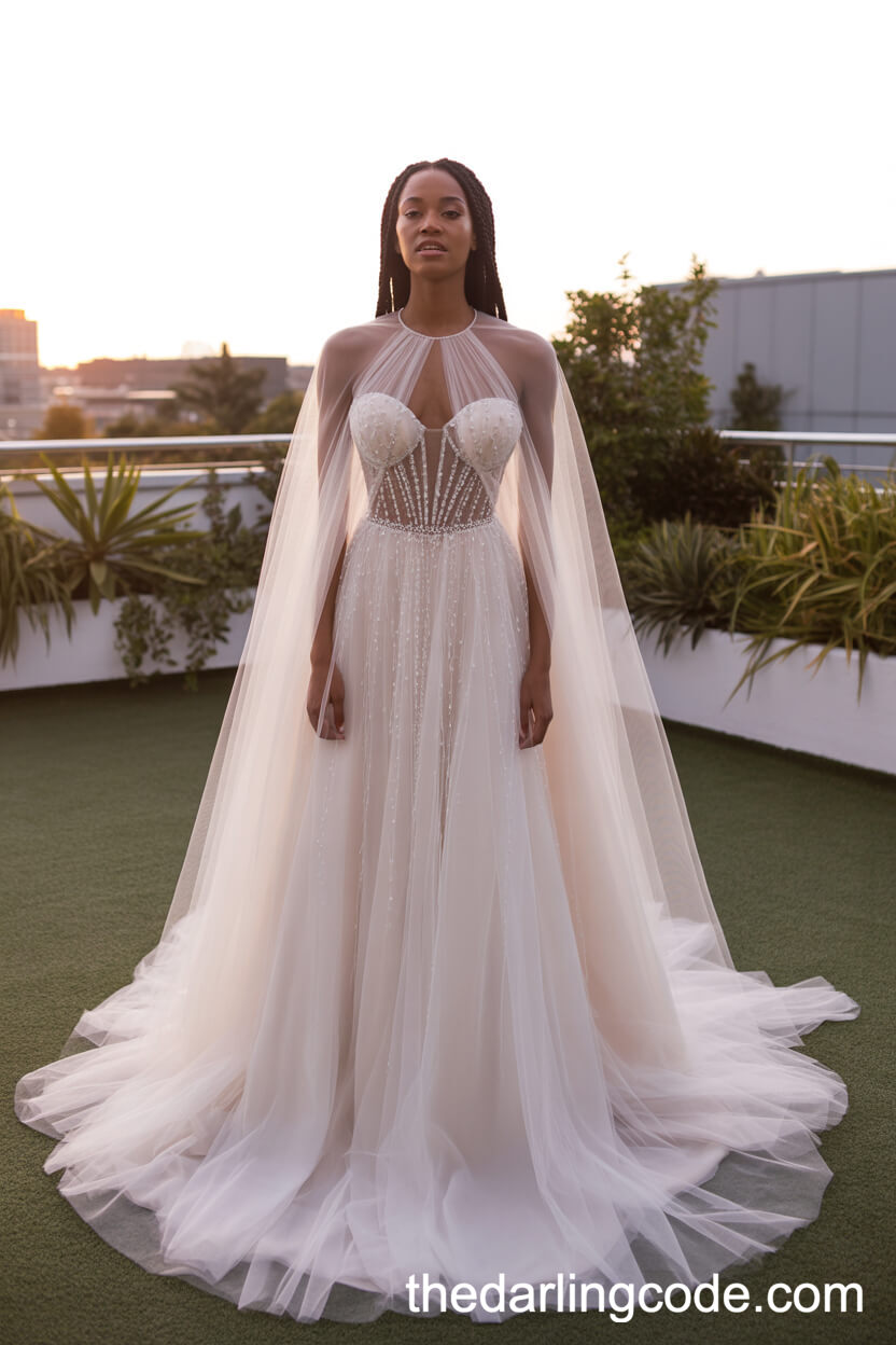 Ethereal Gown With Sheer Tulle Cape And Gemstone Embellishments