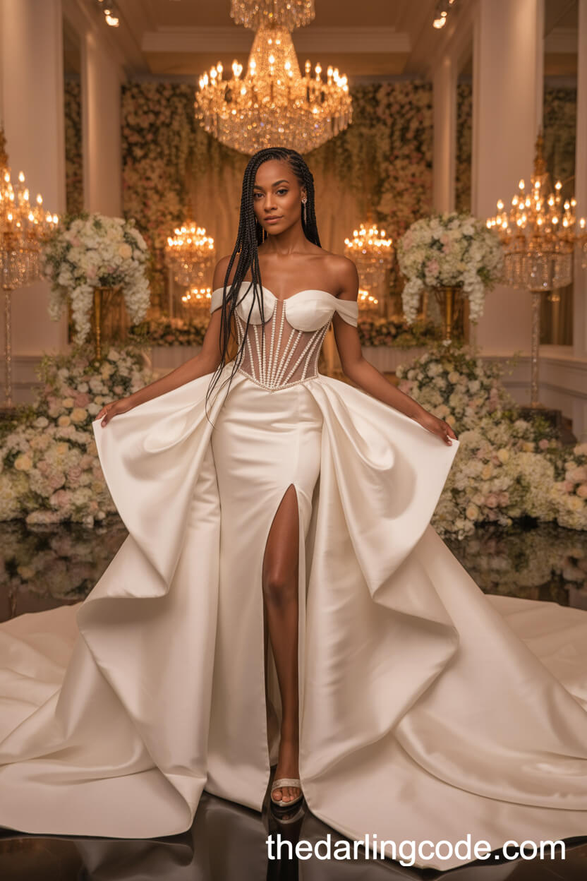 Pearl-Encrusted Corset Gown With Detachable Cathedral Overskirt