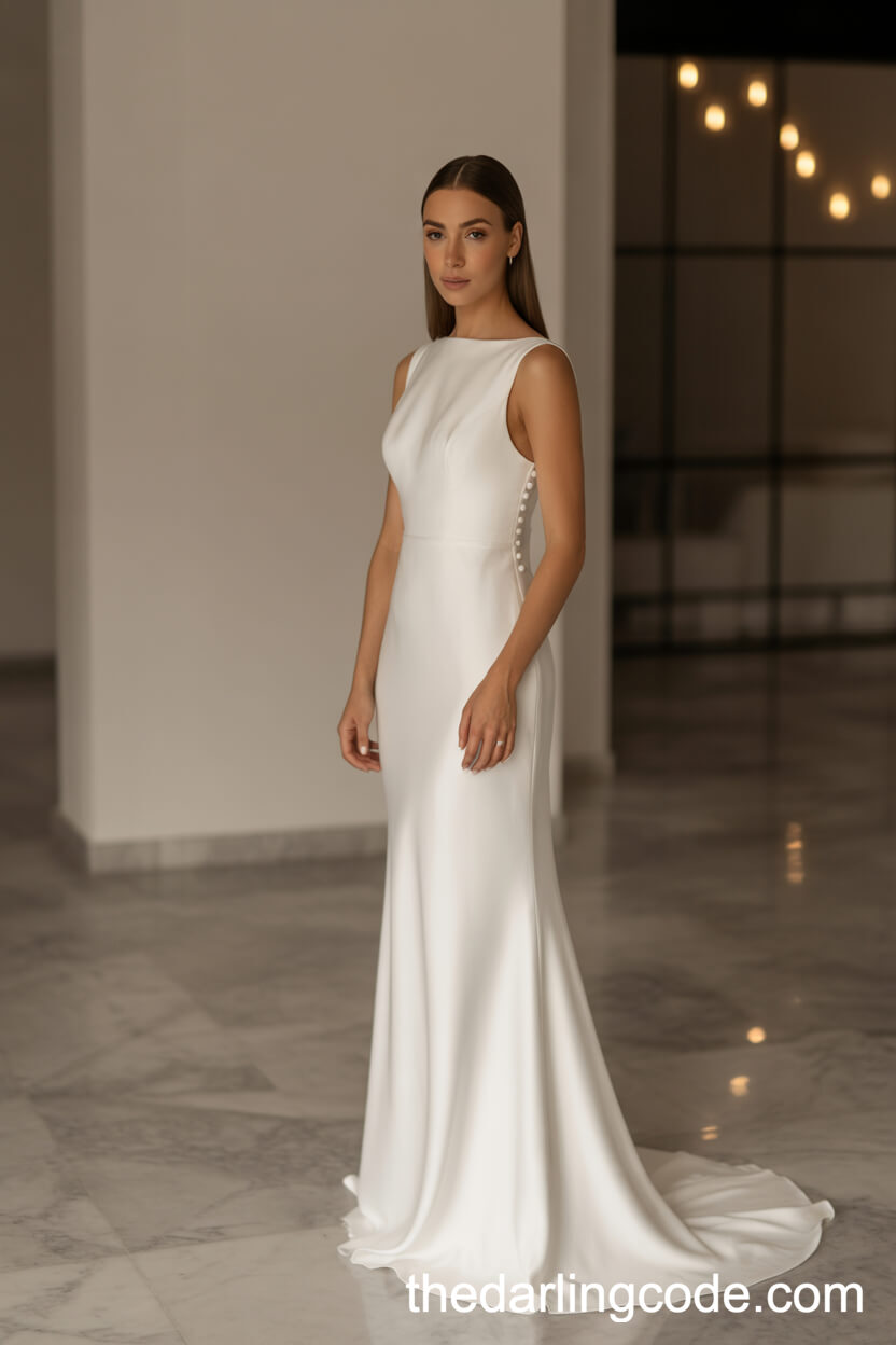 Minimalist Fitted Crepe Dress With Bateau Neckline And Button Back