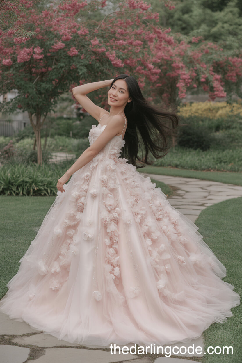 Blush Pink Tulle Ball Gown With Cascading Floral Appliqués