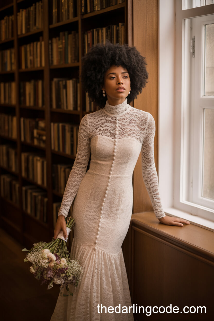 High-Neck Long-Sleeve Lace Gown With Pearl Buttons