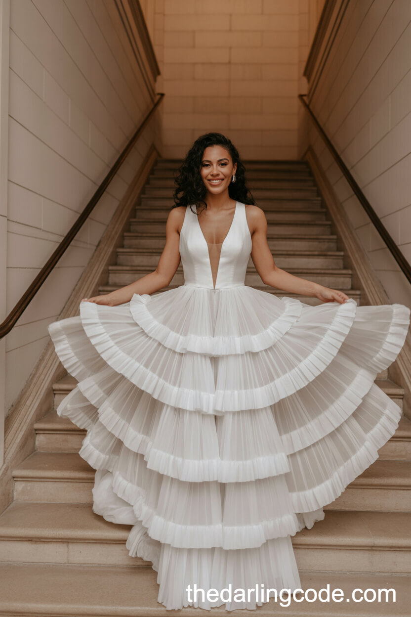 Plunging Neckline Gown With Tiered Ruffle Skirt