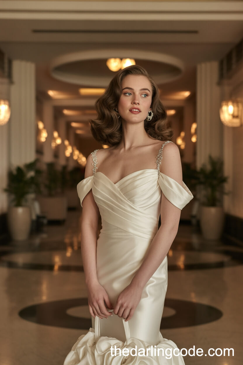 Hollywood Glam Silk Wedding Gown With Off-Shoulder Sleeves