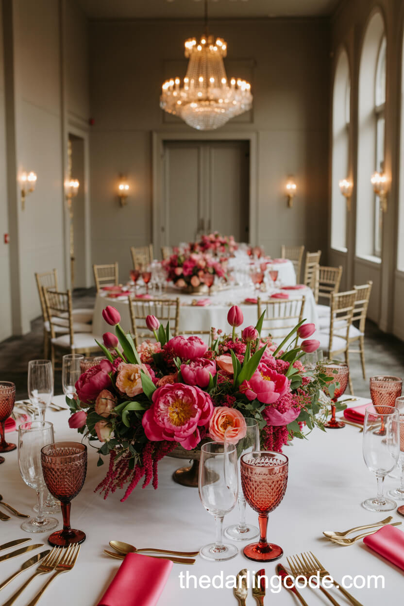 Jewel-Toned Peony And Amaranthus Indoor Wedding Centerpiece