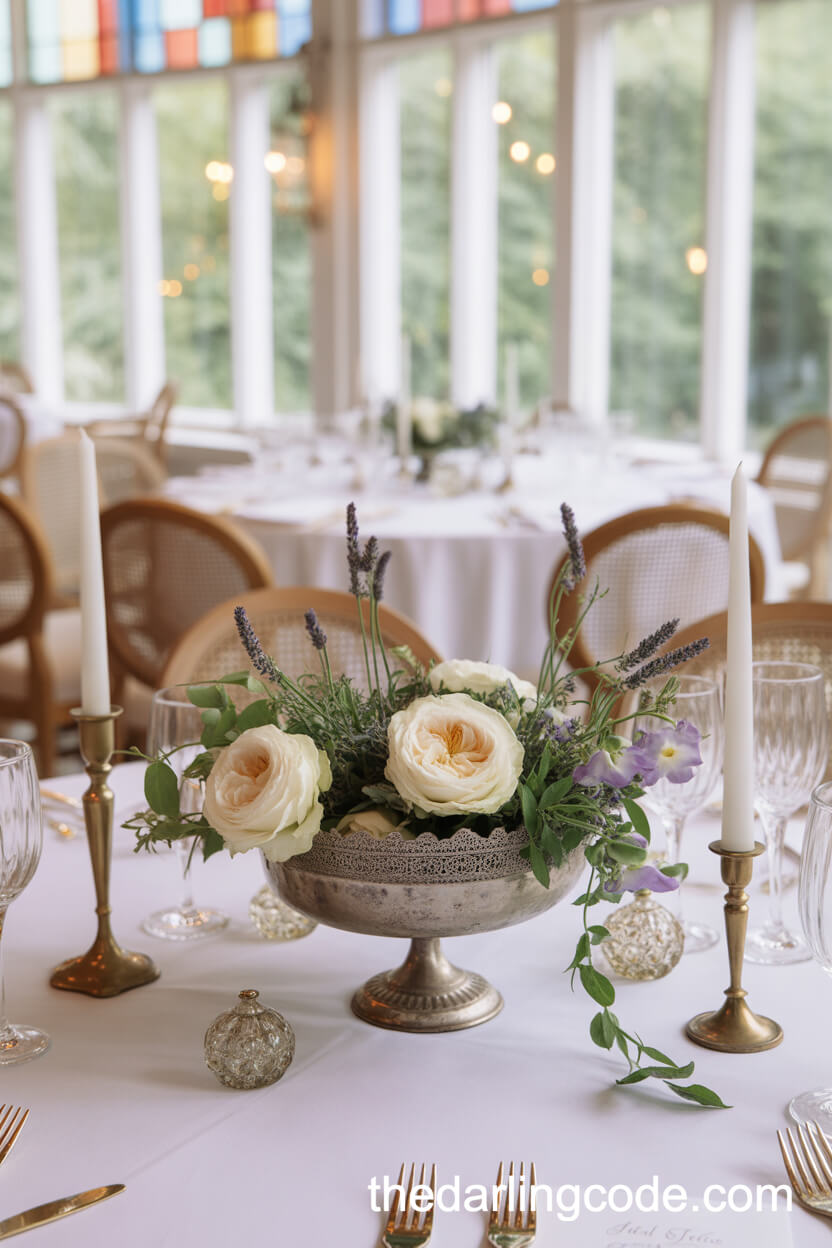 Vintage Silver Compote And Lavender Conservatory Centerpiece