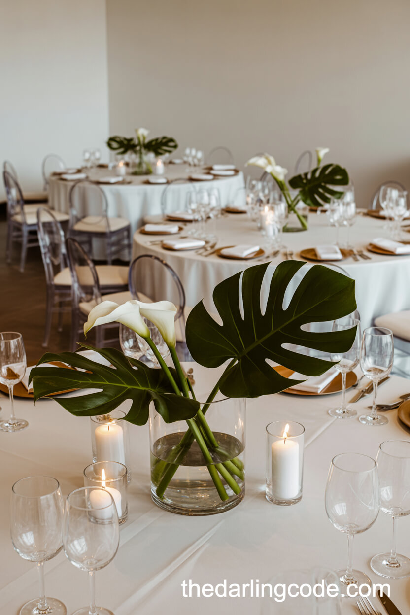 Modern Minimalist Monstera And Calla Lily Wedding Centerpiece