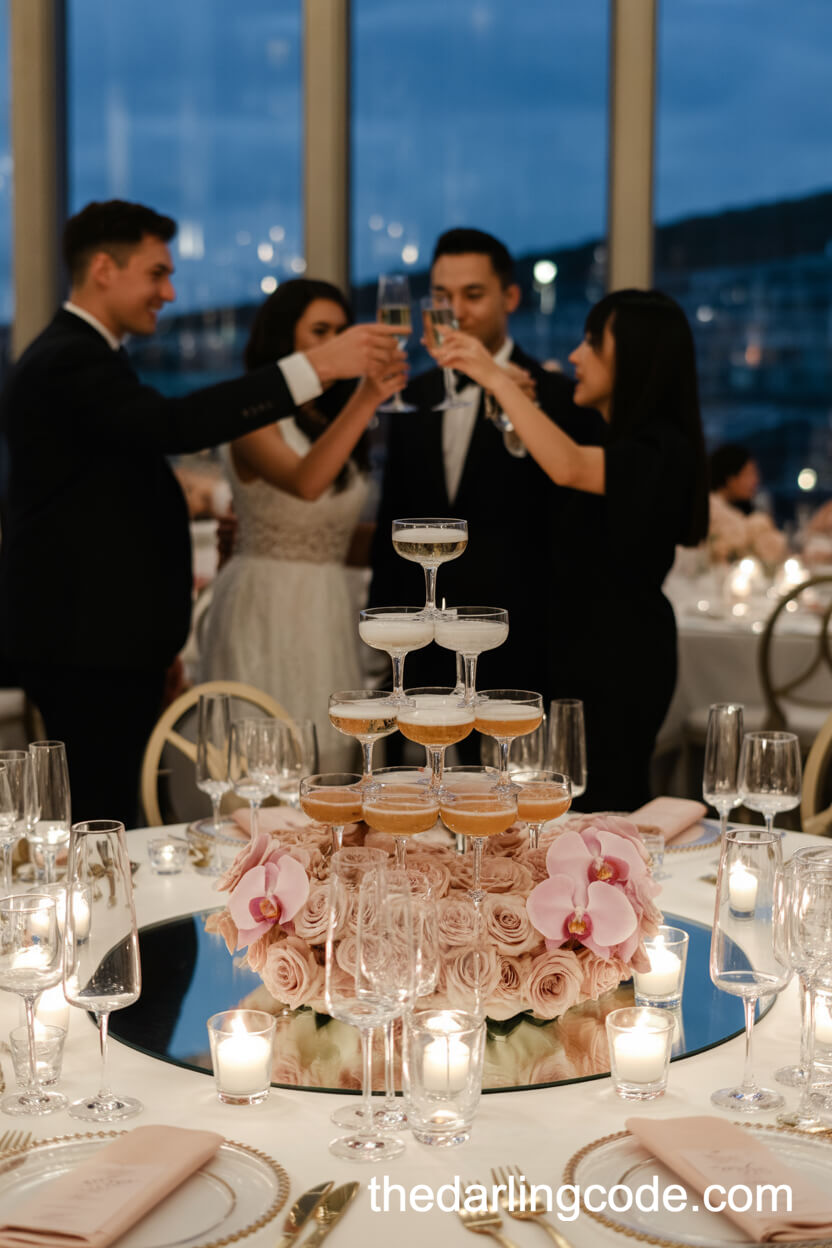 Champagne Tower And Blush Rose Evening Wedding Centerpiece