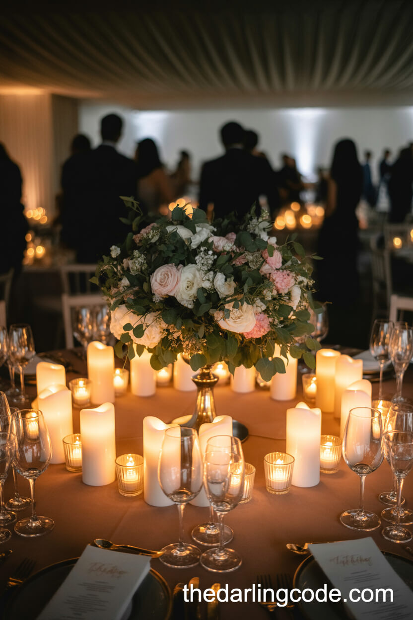 Abundant Floral And Candlelit Romantic Wedding Centerpiece