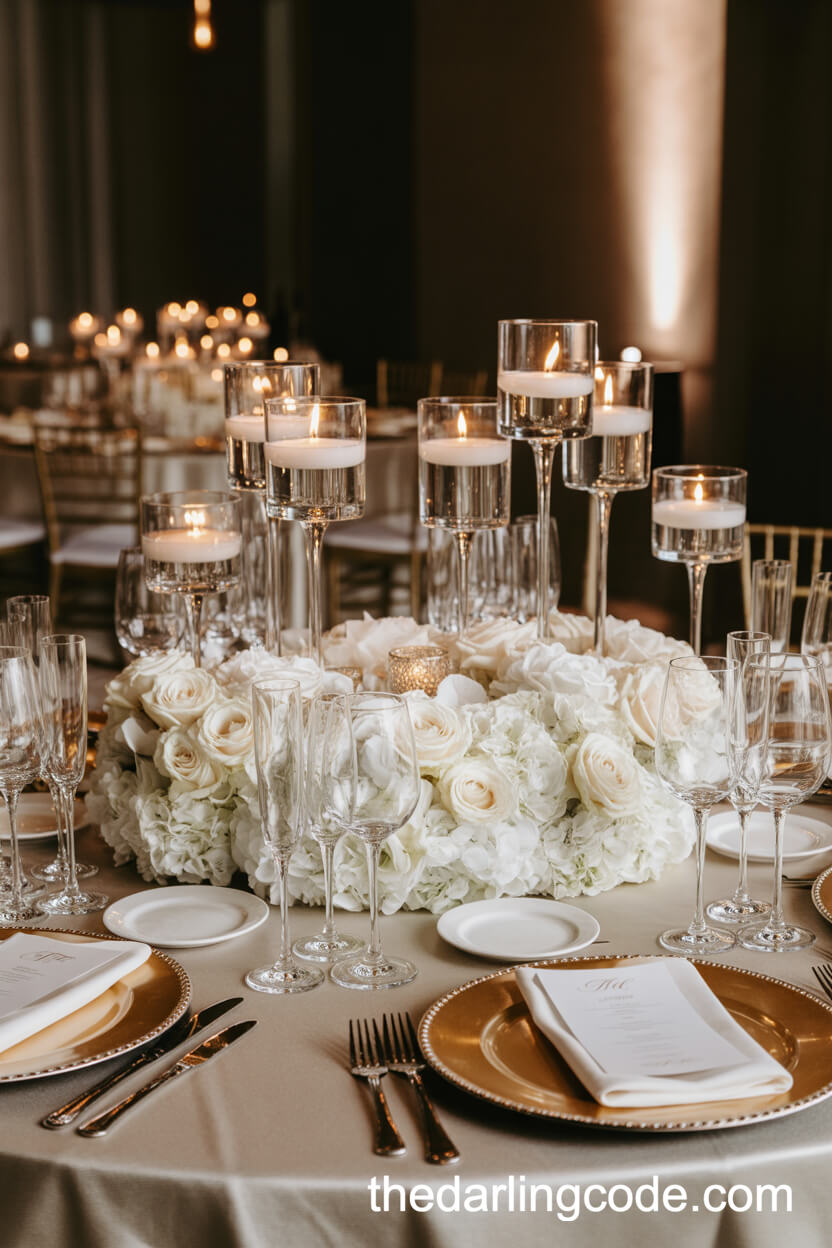 Opulent White Rose And Hydrangea Ballroom Centerpiece
