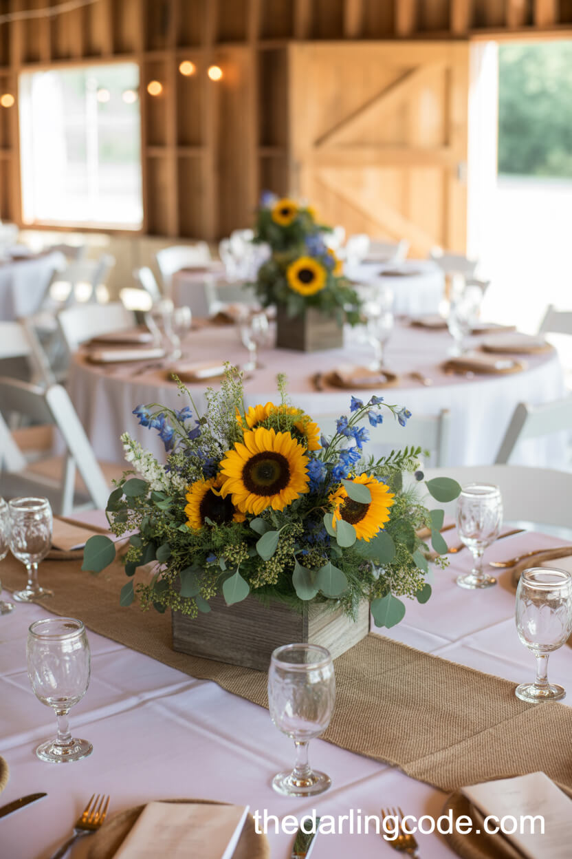Sunflower And Eucalyptus Rustic Barn Wedding Centerpiece