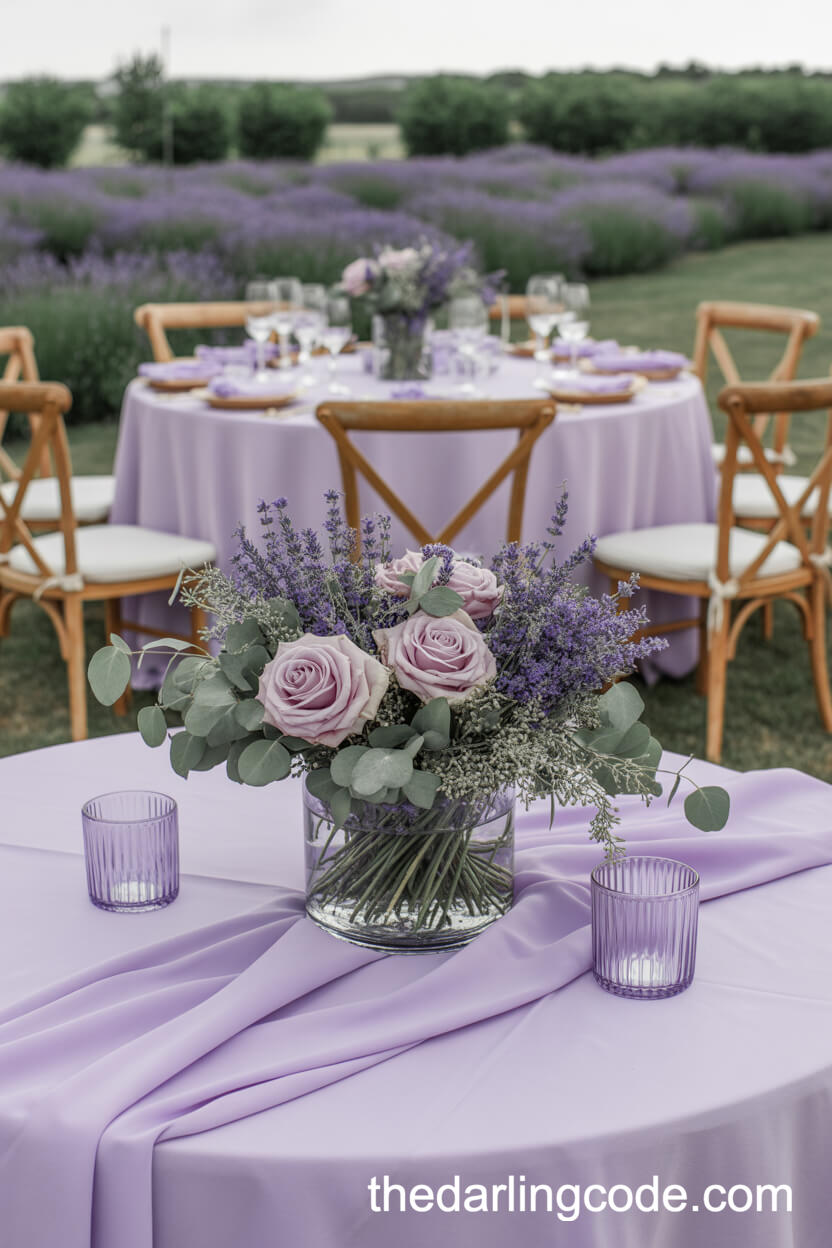 Lavender And Pink Rose Field Wedding Centerpiece