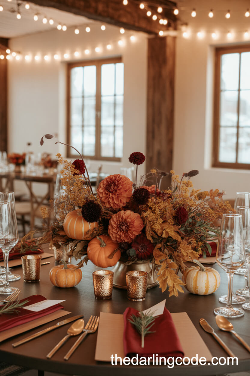 Burnt Orange And Dahlia Autumn Wedding Centerpiece