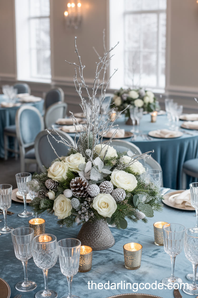 Winter White Rose And Silver Pinecone Wedding Centerpiece