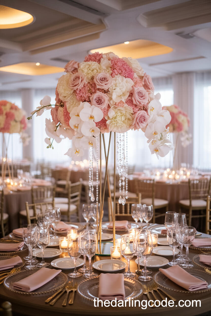 Tall Orchid And Blush Rose Ballroom Wedding Centerpiece