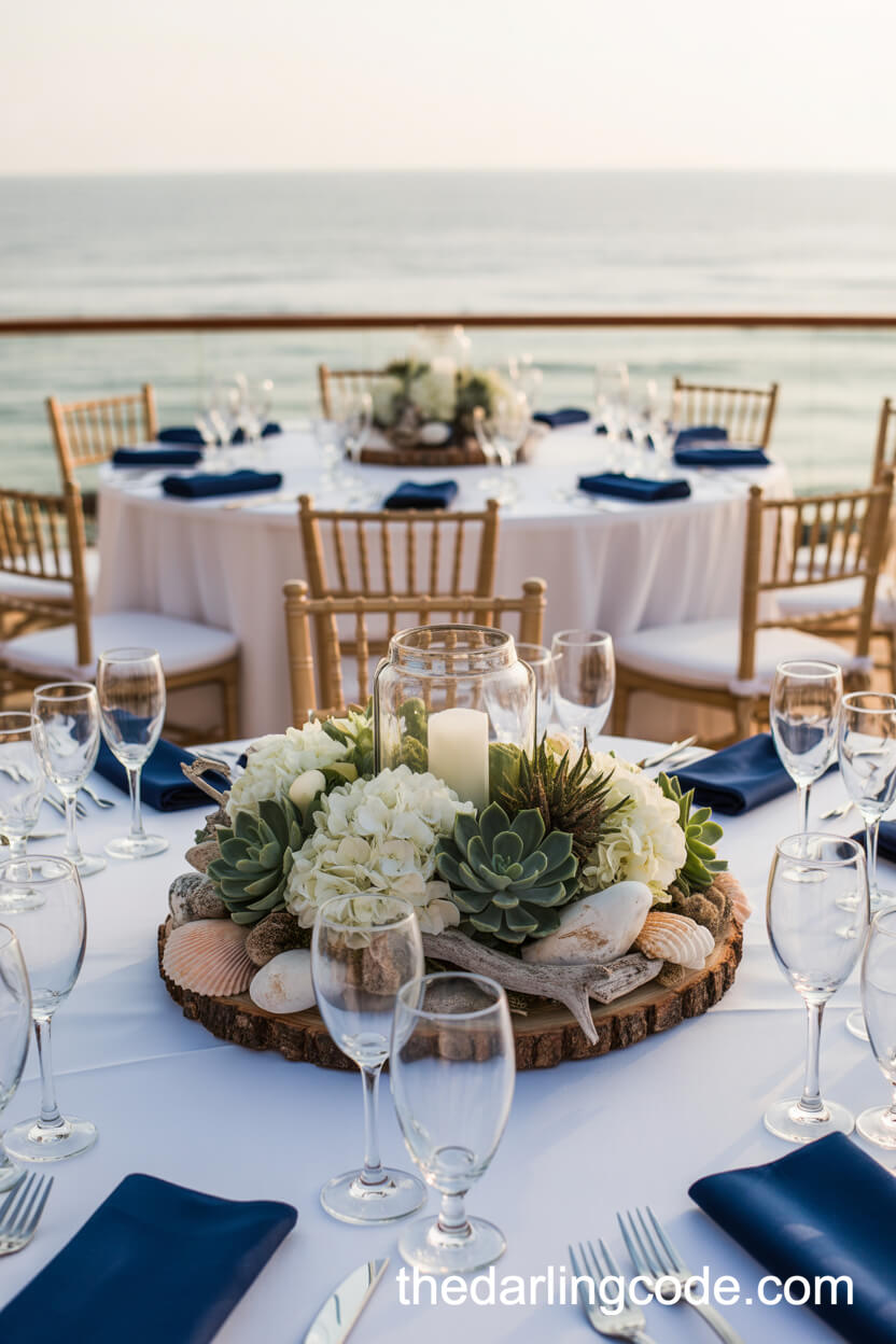 Coastal White Hydrangea And Driftwood Seaside Wedding Centerpiece