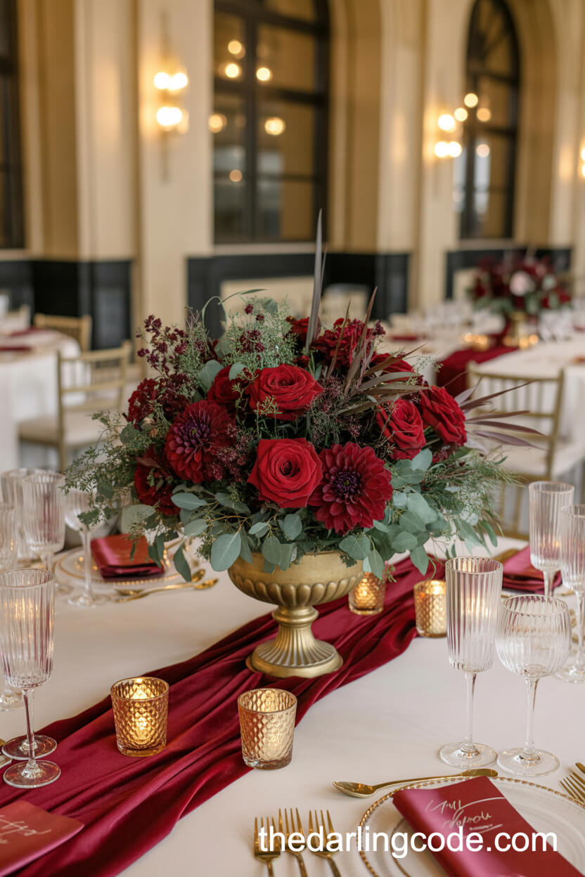 Dramatic Red And Plum Floral Grand Hall Wedding Centerpiece