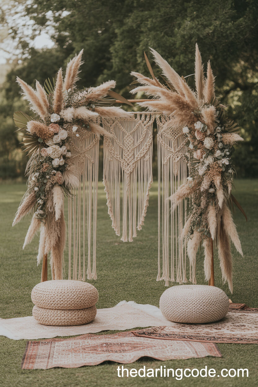 Macramé And Pampas Grass Backdrop For A Rustic Boho Ceremony