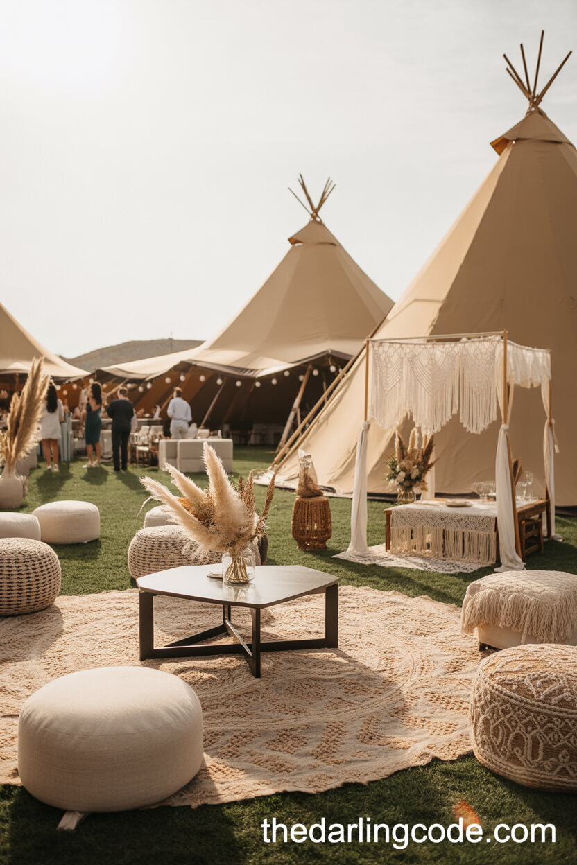 Boho Chic Wedding Lounge With Tipi Tents And Macramé Decor