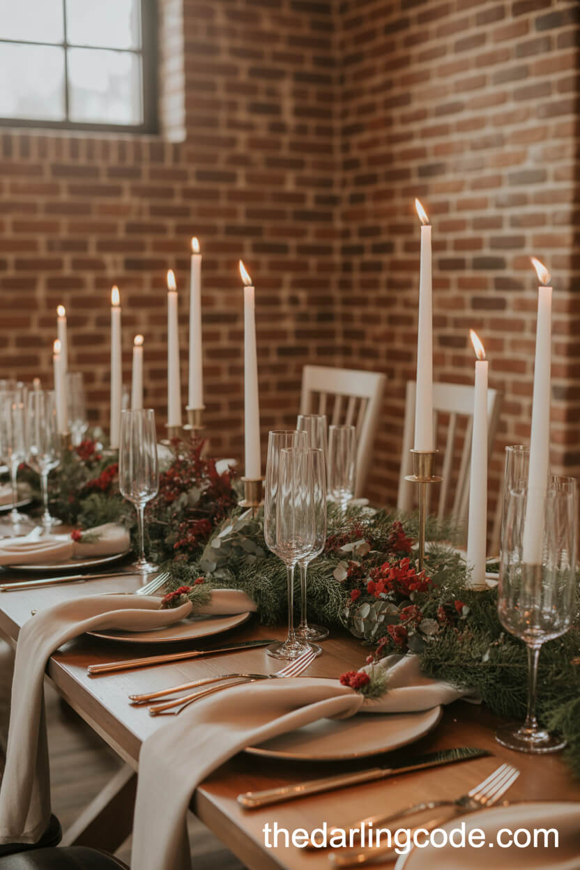 Moody Winter Wedding Table With Candles And Deep Florals
