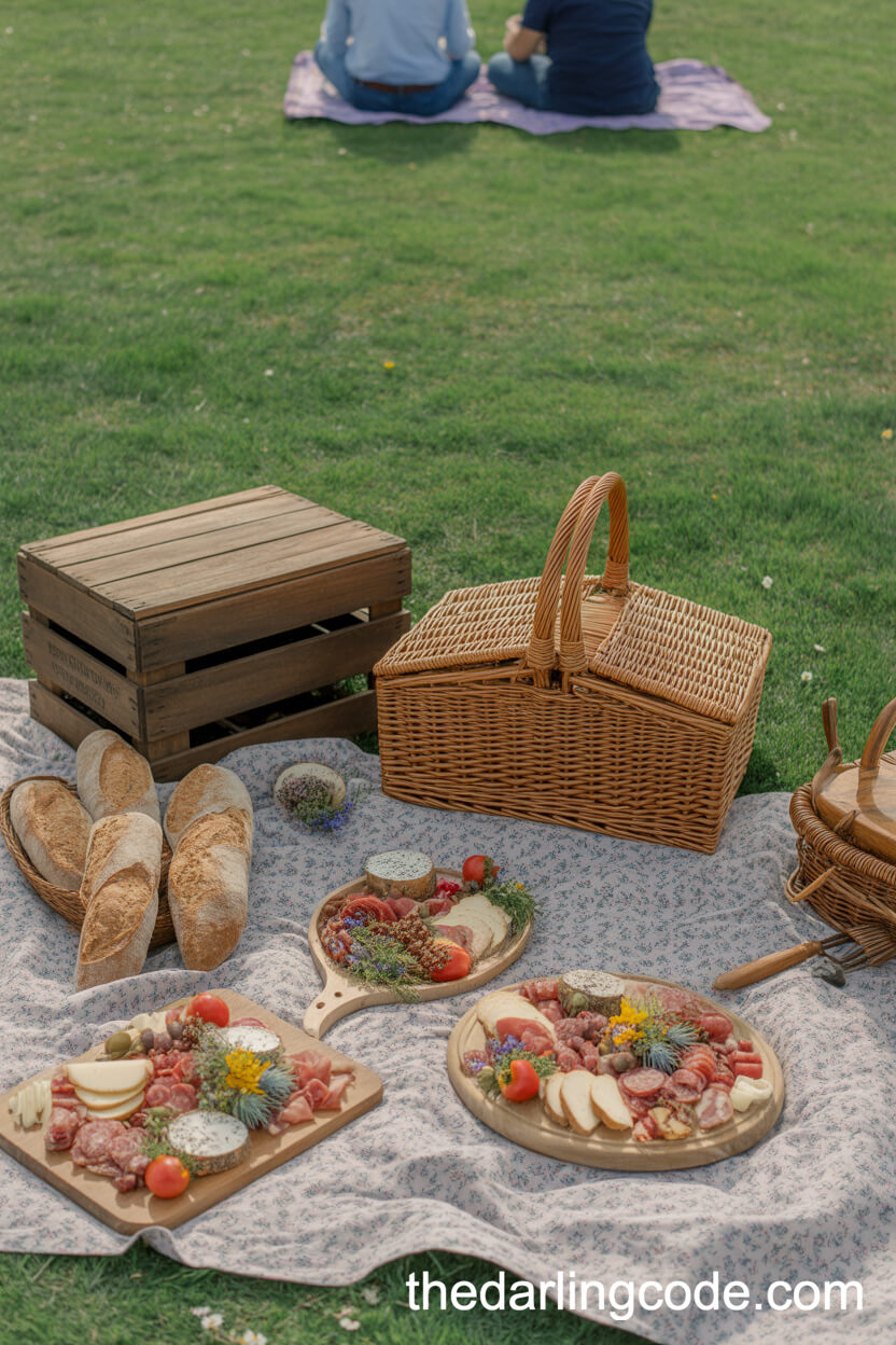 Rustic Picnic Setup Featuring Abundant Charcuterie Boards