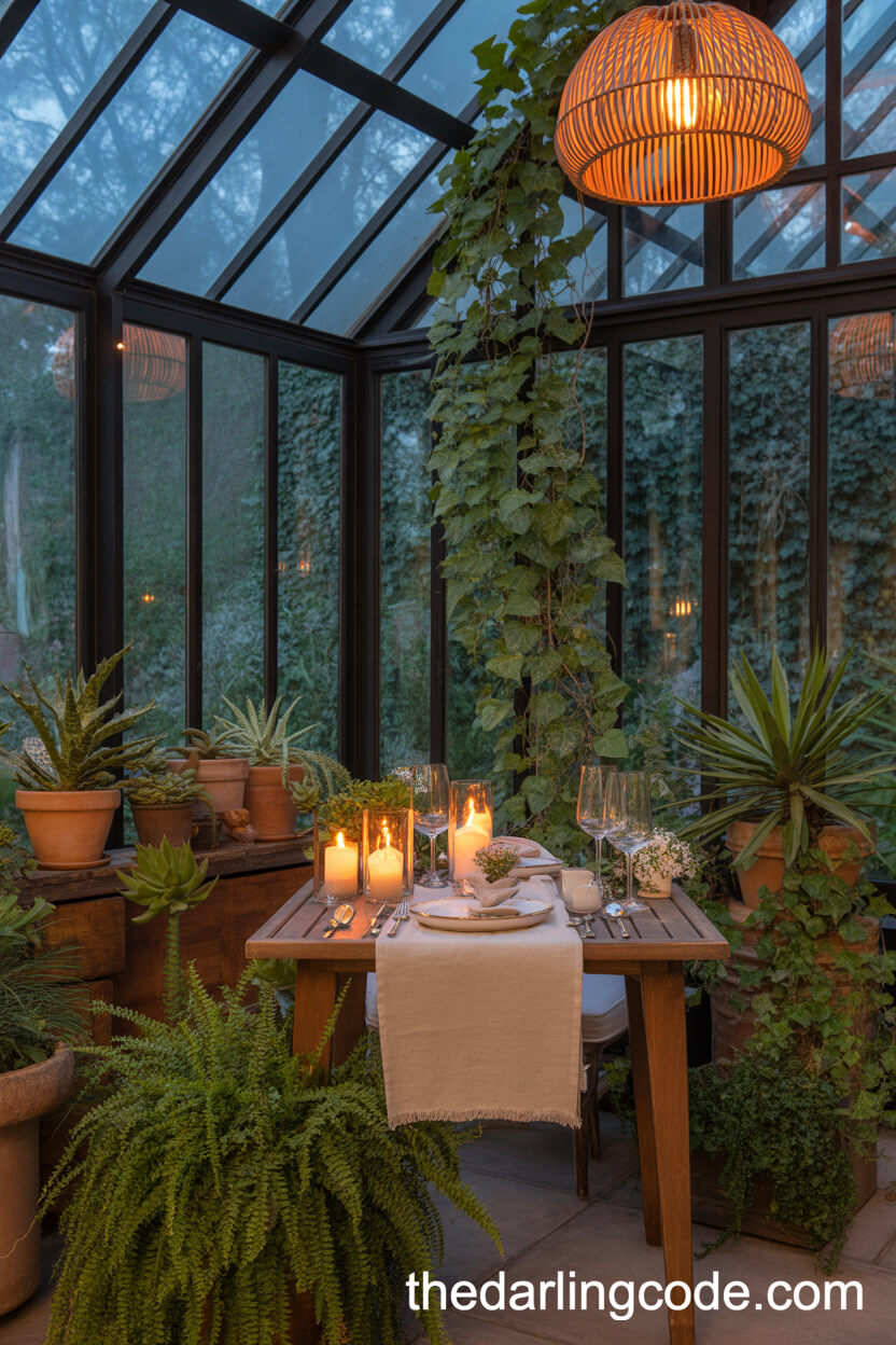 Romantic Greenhouse Table For Two Surrounded By Lush Plants
