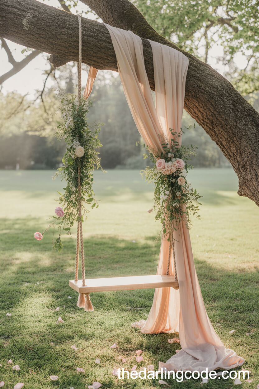 Whimsical Garden Swing Decorated With Boho Fabrics And Flowers