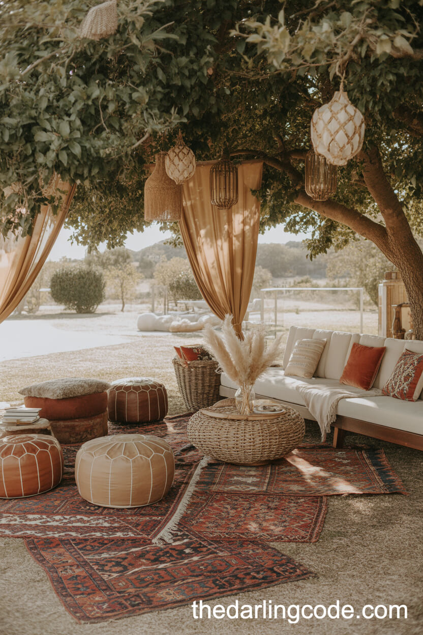 Relaxed Outdoor Lounge Area With Layered Rugs And Lanterns