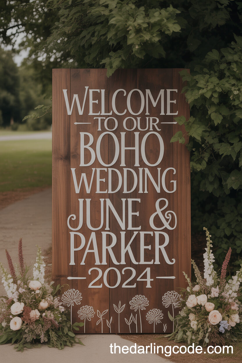 Boho Welcome Sign Surrounded By Wildflowers